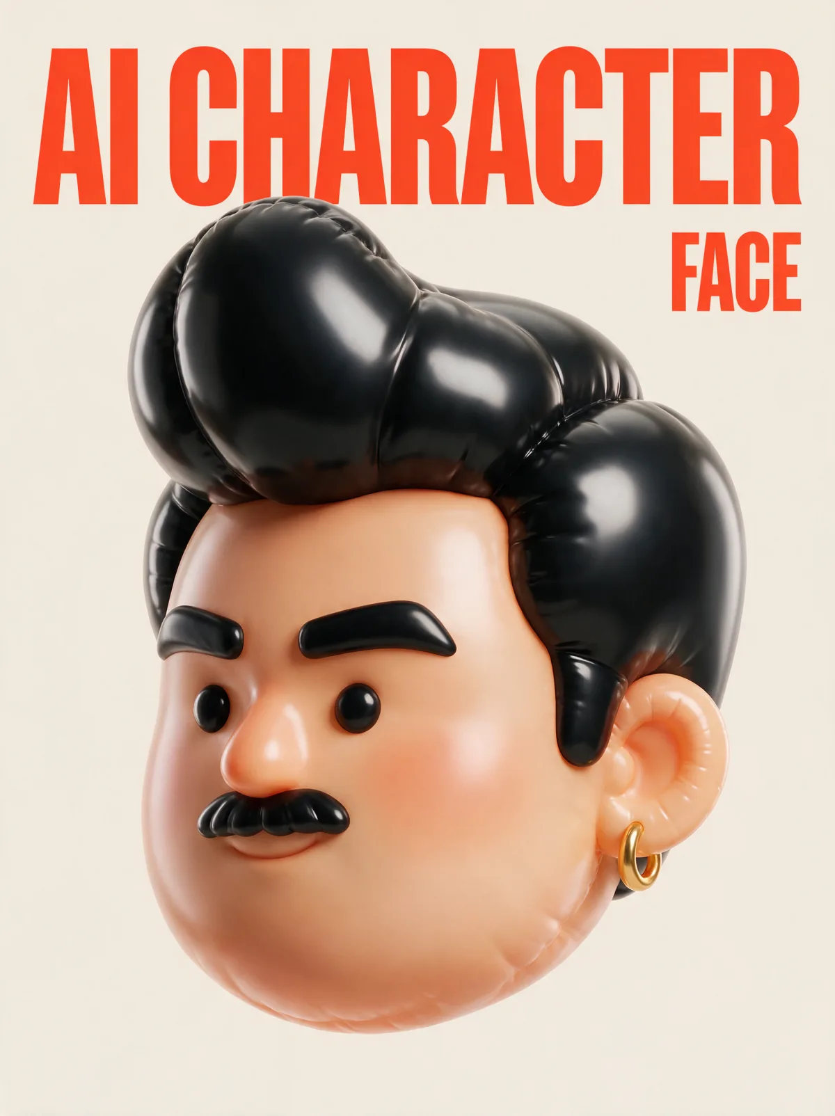 Крупная глянцевая надувная 3D-голова персонажа с заголовком AI CHARACTER