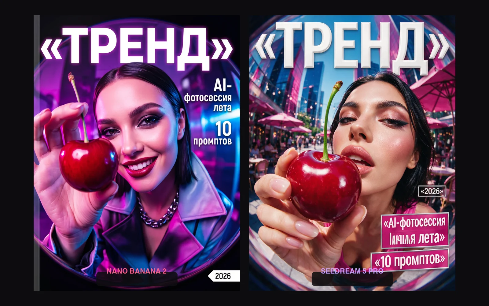 Две обложки журнала «ТРЕНД» с русским текстом бок о бок — сравнение нейросетей Nano Banana 2 и Seedream 5 Pro